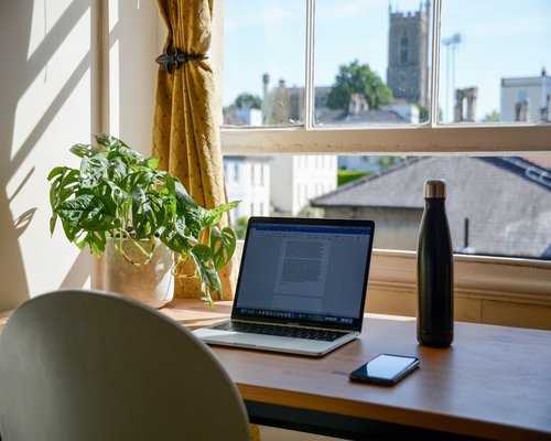 A clean, organized home office desk with a laptop and a houseplant